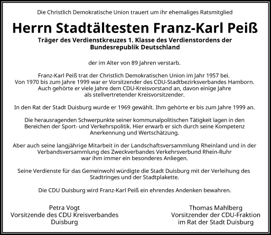 Traueranzeige von Franz-Karl Peiß von Rheinische Post