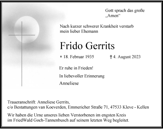 Traueranzeige von Frido Gerrits von Rheinische Post