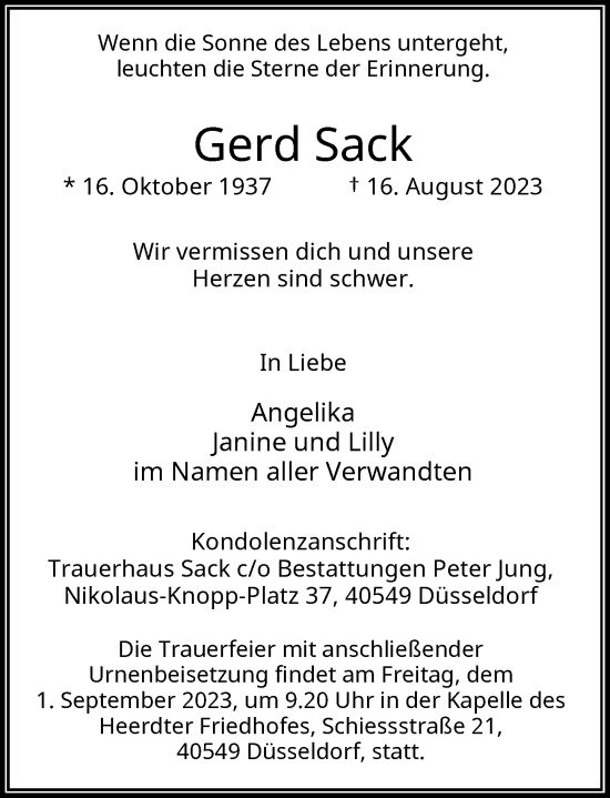 Traueranzeige von Gerd Sack von Rheinische Post