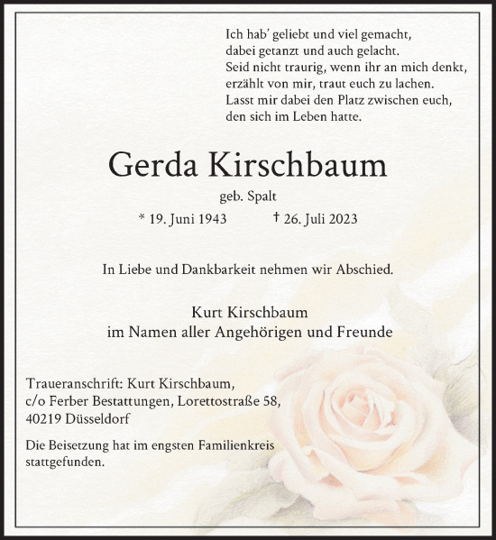 Traueranzeige von Gerda Kirschbaum von Rheinische Post