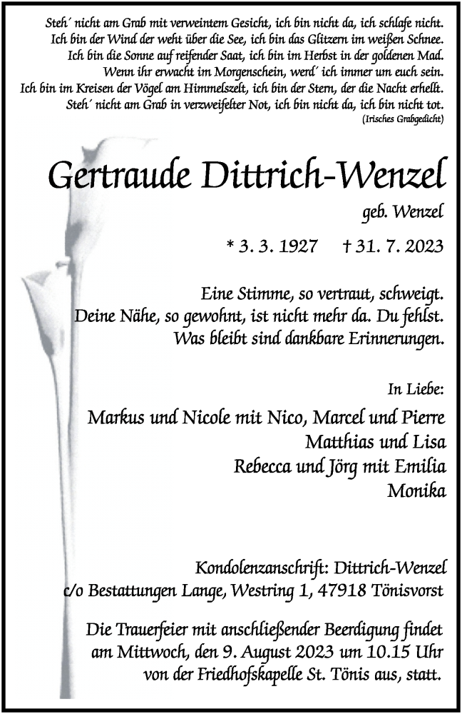  Traueranzeige für Gertraude Dittrich-Wenzel vom 05.08.2023 aus Rheinische Post