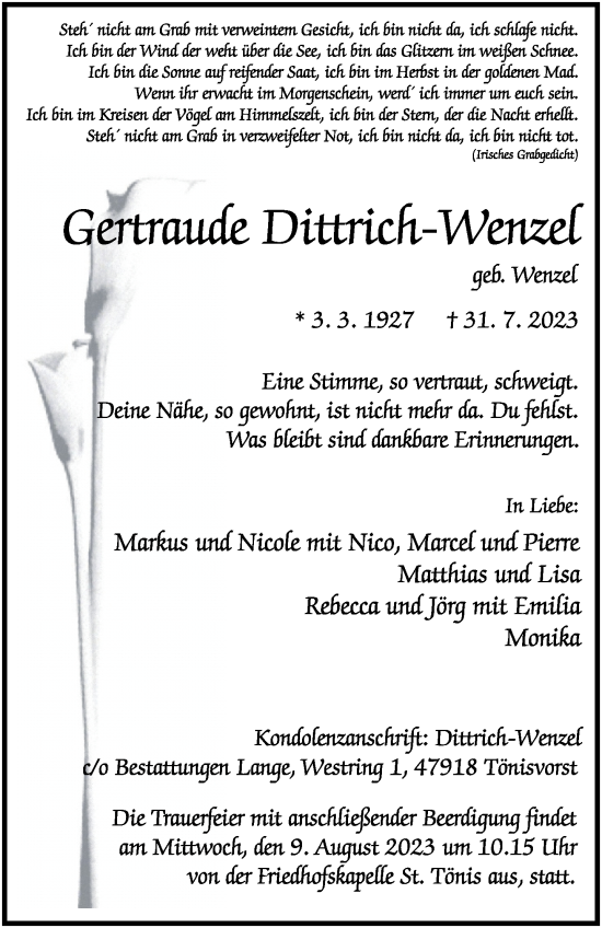 Traueranzeige von Gertraude Dittrich-Wenzel von Rheinische Post