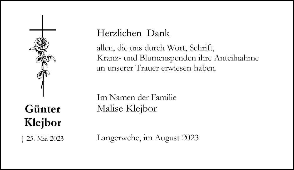  Traueranzeige für Günter Klejbor vom 05.08.2023 aus Rheinische Post