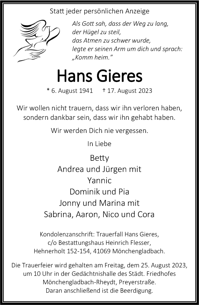  Traueranzeige für Hans Gieres vom 23.08.2023 aus Rheinische Post