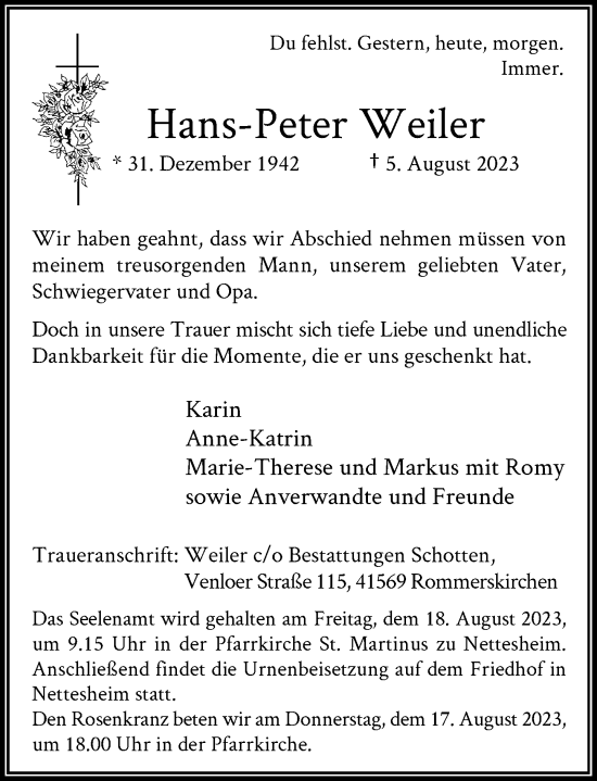 Todesanzeige von Hans-Peter Weiler von Rheinische Post