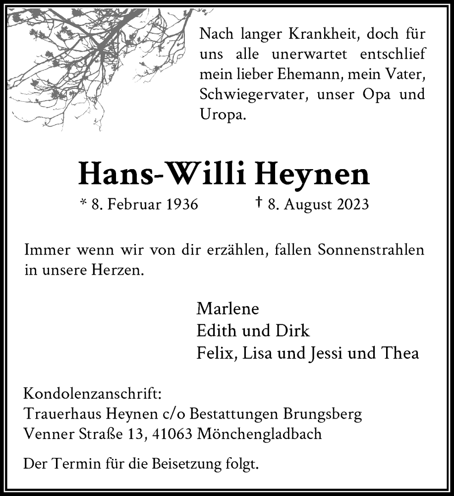  Traueranzeige für Hans-Willi Heynen vom 26.08.2023 aus Rheinische Post