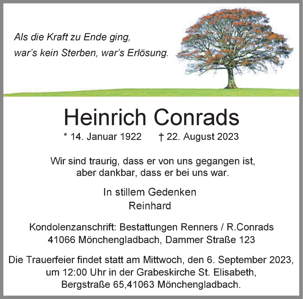  Traueranzeige für Heinrich Conrads vom 02.09.2023 aus Rheinische Post