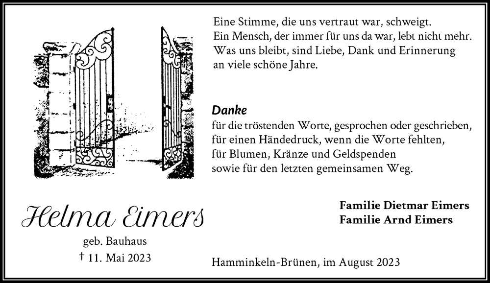  Traueranzeige für Helma Eimers vom 12.08.2023 aus Rheinische Post