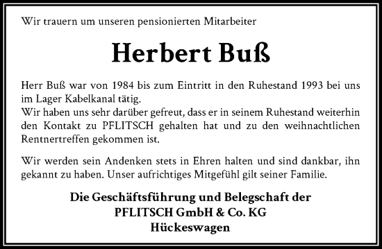 Traueranzeige von Herbert Buß von Rheinische Post