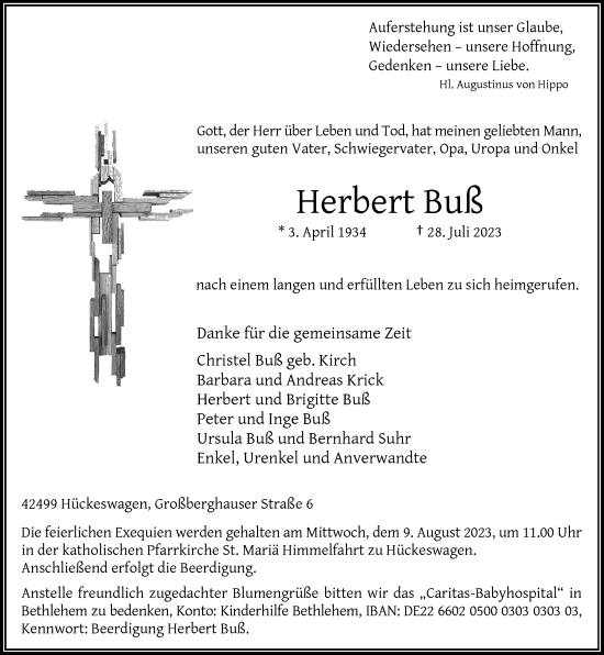 Traueranzeige von Herbert Buß von Rheinische Post