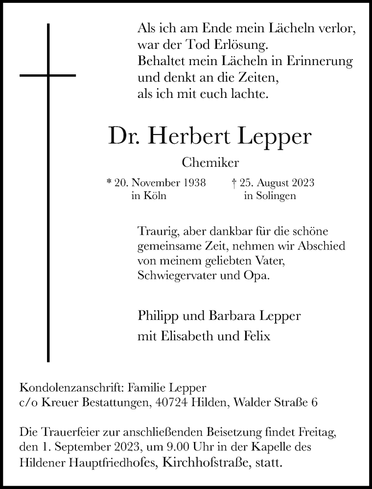  Traueranzeige für Herbert Lepper vom 30.08.2023 aus Rheinische Post