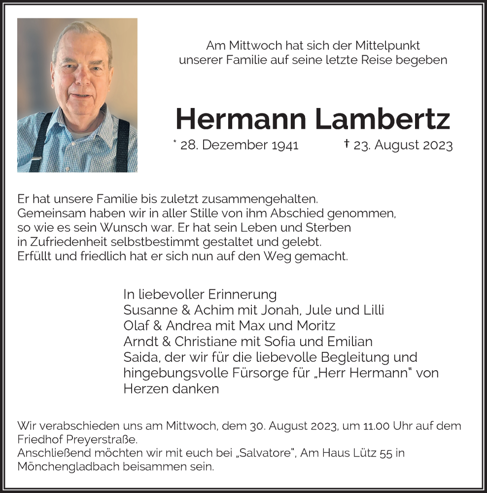  Traueranzeige für Hermann Lambertz vom 26.08.2023 aus Rheinische Post