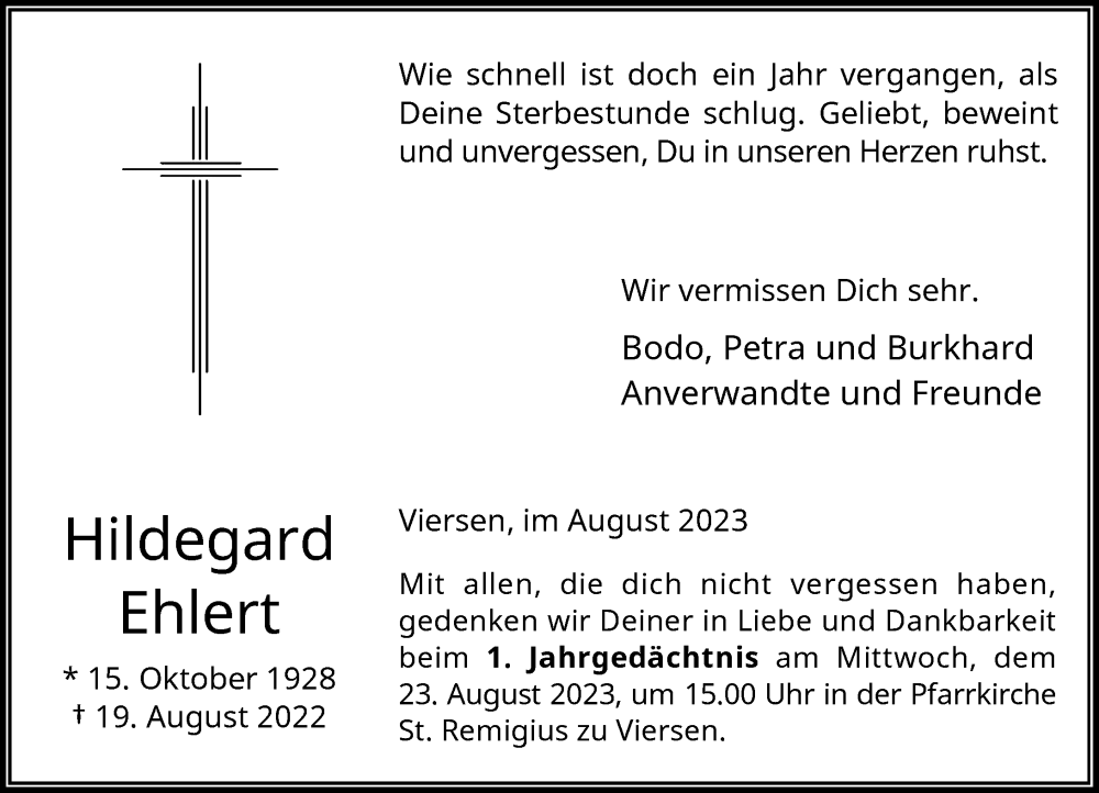  Traueranzeige für Hildegard Ehlert vom 12.08.2023 aus Rheinische Post