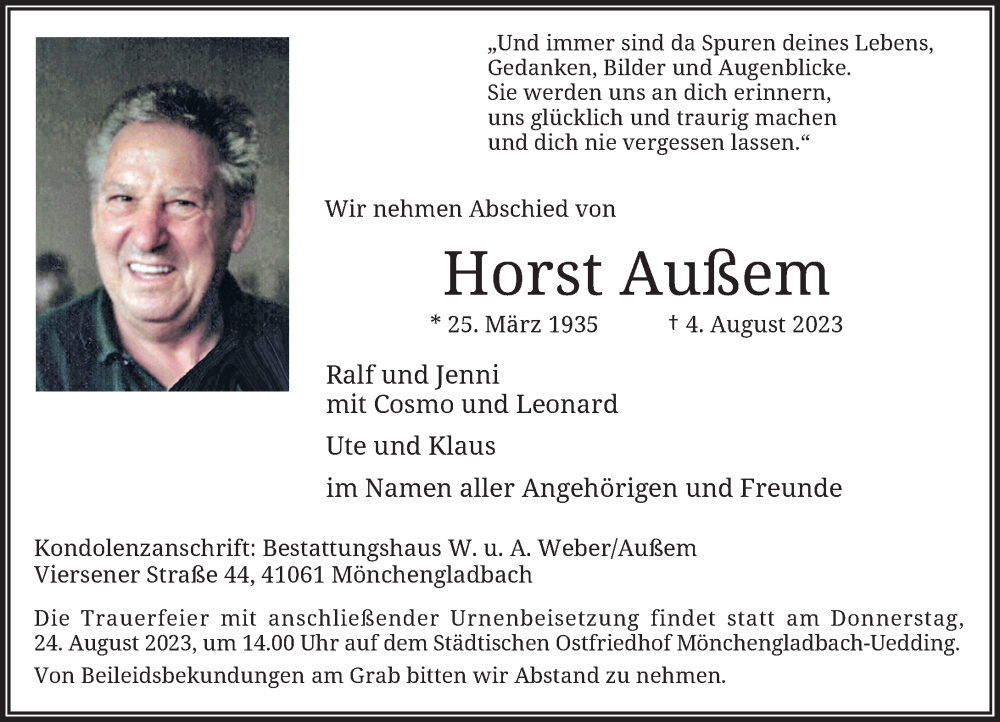  Traueranzeige für Horst Außem vom 19.08.2023 aus Rheinische Post