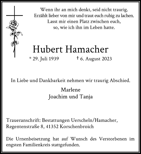 Traueranzeige von Hubert Hamacher von Rheinische Post