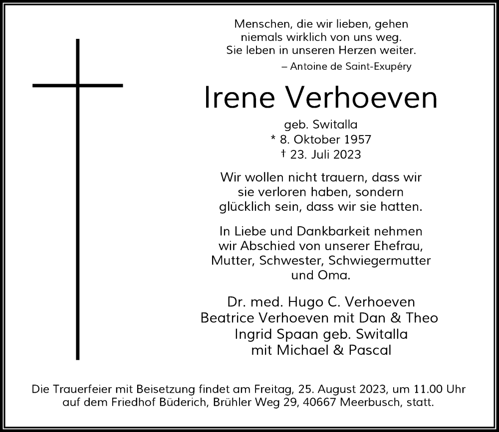  Traueranzeige für Irene Verhoeven vom 12.08.2023 aus Rheinische Post