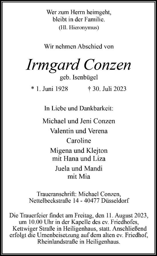 Alle Traueranzeigen Für Irmgard Conzen | Trauer.rp-online.de