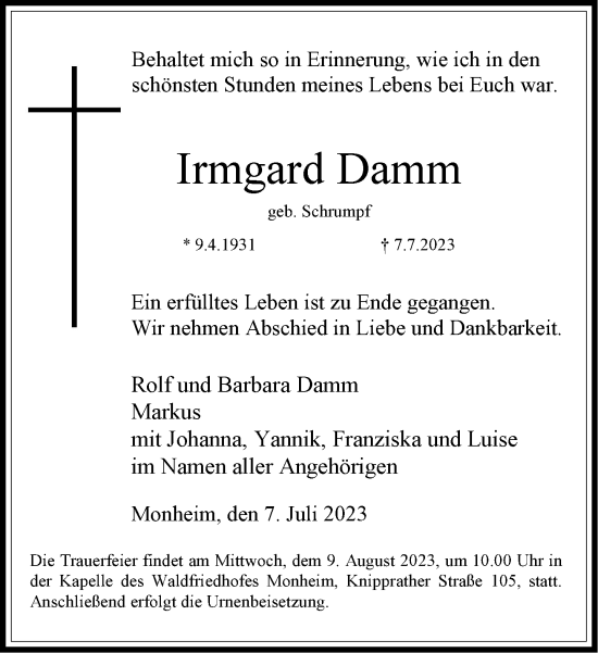 Traueranzeige von Irmgard Damm von Rheinische Post