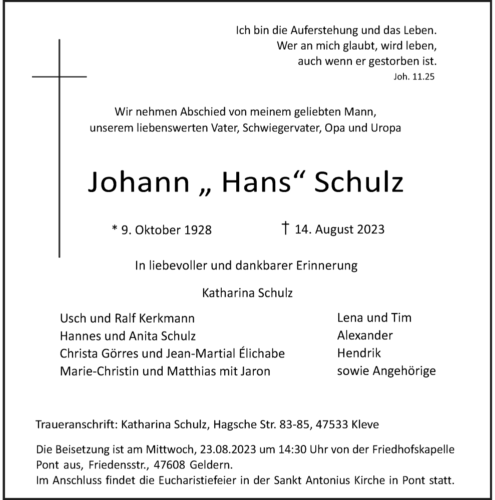  Traueranzeige für Johann Schulz vom 19.08.2023 aus Rheinische Post