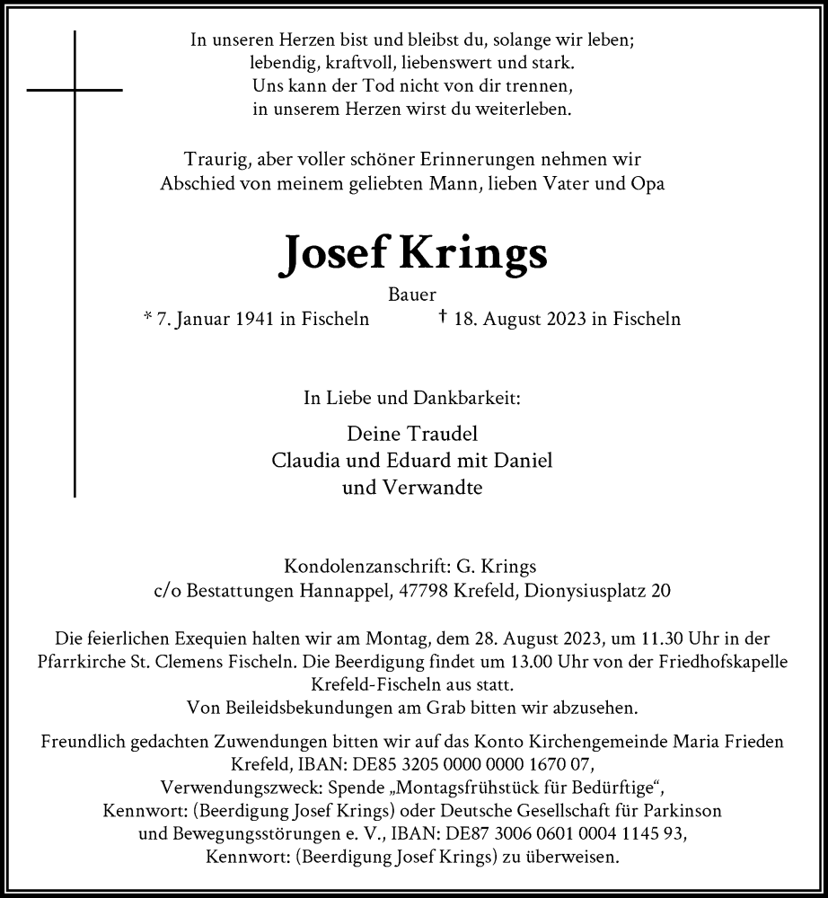  Traueranzeige für Josef Krings vom 26.08.2023 aus Rheinische Post