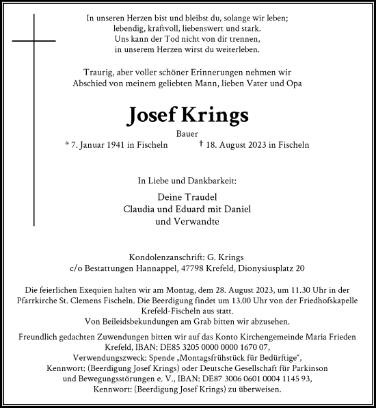 Traueranzeige von Josef Krings von Rheinische Post