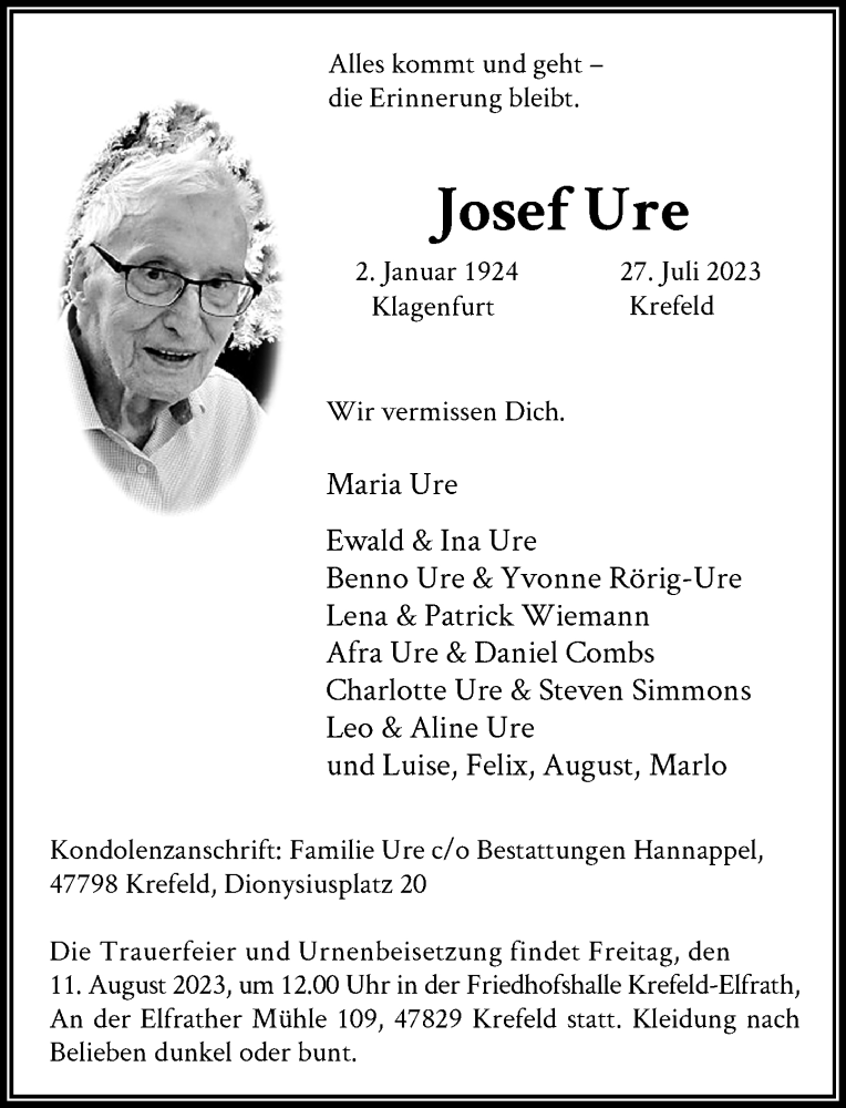  Traueranzeige für Josef Ure vom 05.08.2023 aus Rheinische Post