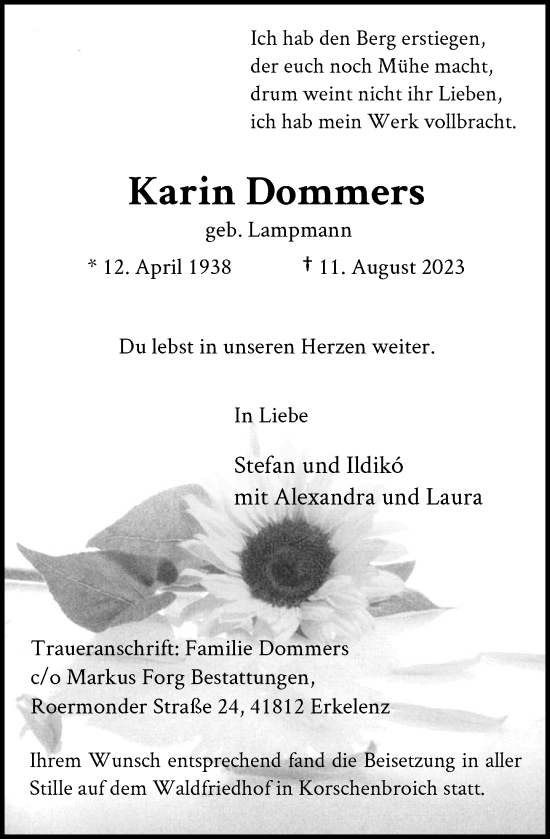 Traueranzeige von Karin Dommers von Rheinische Post