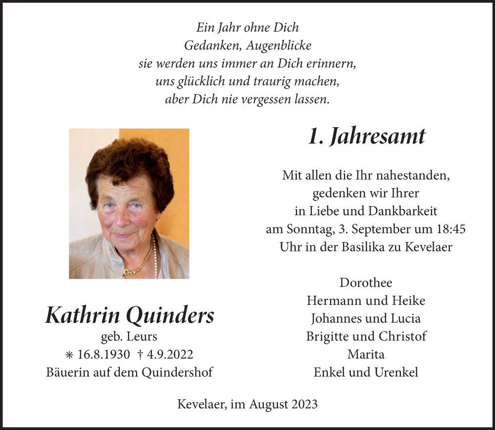  Traueranzeige für Kathrin Quinders vom 30.08.2023 aus Rheinische Post