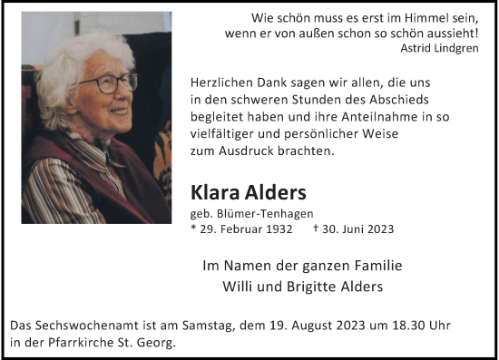 Traueranzeige von Klara Alders von Rheinische Post