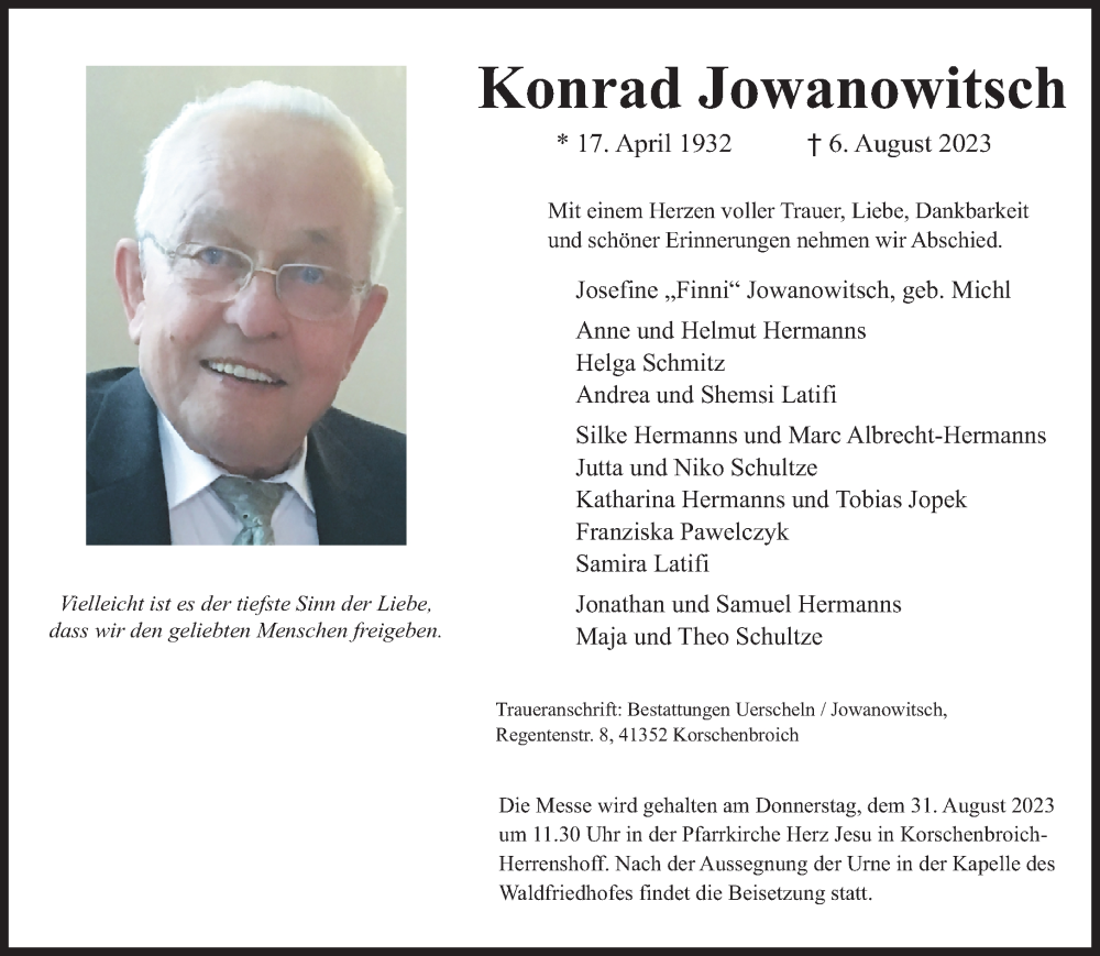  Traueranzeige für Konrad Jowanowitsch vom 19.08.2023 aus Rheinische Post