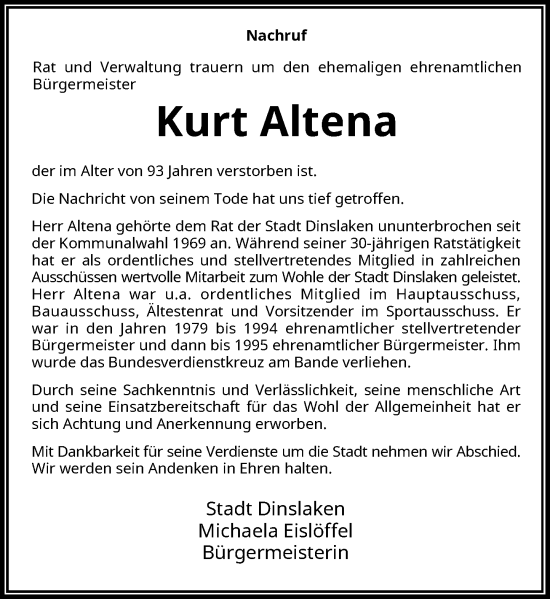 Traueranzeige von Kurt Altena von Rheinische Post