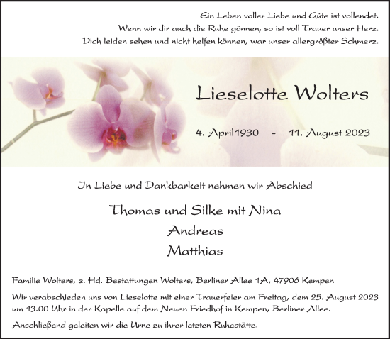 Traueranzeige von Lieselotte Wolters von Rheinische Post