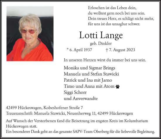 Traueranzeige von Lotti Lange von Rheinische Post