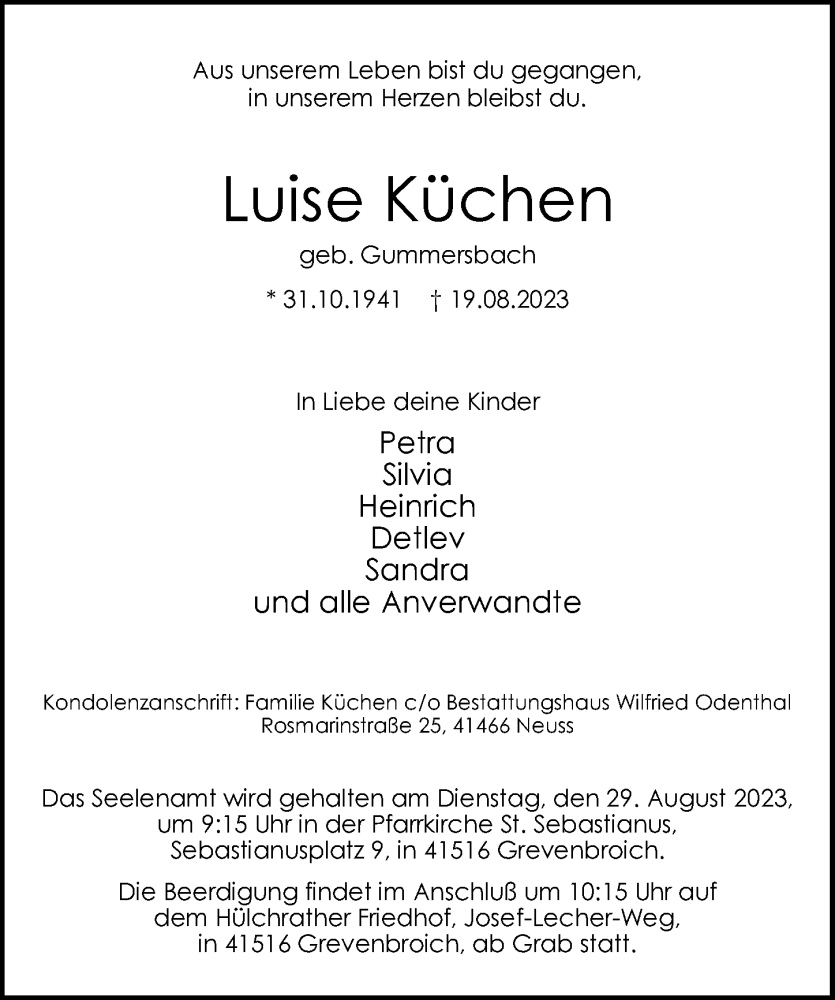  Traueranzeige für Luise Küchen vom 26.08.2023 aus Rheinische Post