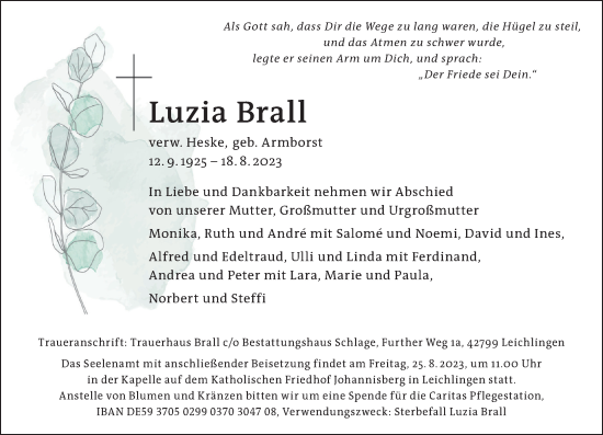 Traueranzeige von Luzia Brall von Rheinische Post