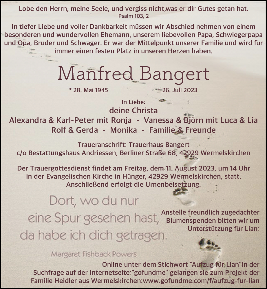  Traueranzeige für Manfred Bangert vom 05.08.2023 aus Rheinische Post