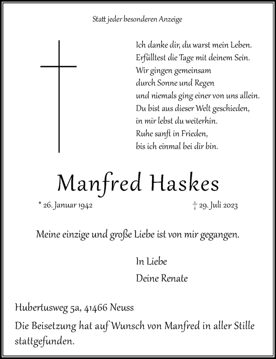 Traueranzeige von Manfred Haskes von Rheinische Post