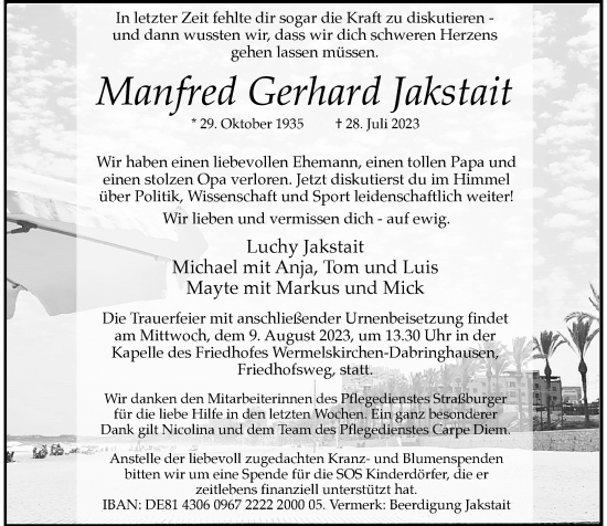 Traueranzeige von Manfred Gerhard Jakstait von Rheinische Post