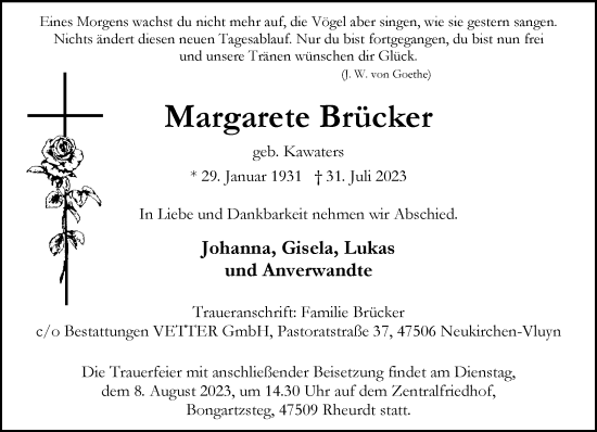 Traueranzeige von Margarete Brücker von Rheinische Post
