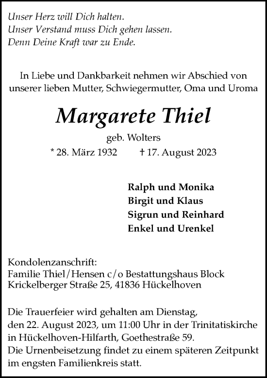 Traueranzeige von Margarete Thiel von Rheinische Post