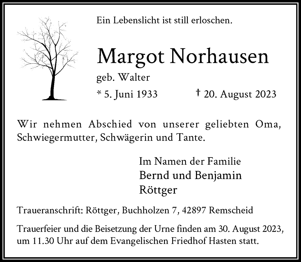  Traueranzeige für Margot Norhausen vom 26.08.2023 aus Rheinische Post