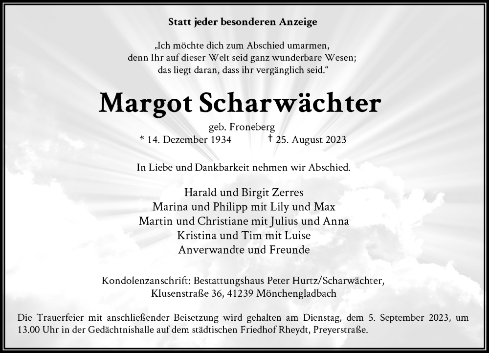  Traueranzeige für Margot Scharwächter vom 02.09.2023 aus Rheinische Post