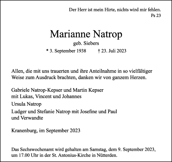 Traueranzeige von Marianne Natrop von Rheinische Post