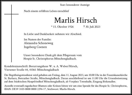 Traueranzeige von Marlis Hirsch von Rheinische Post