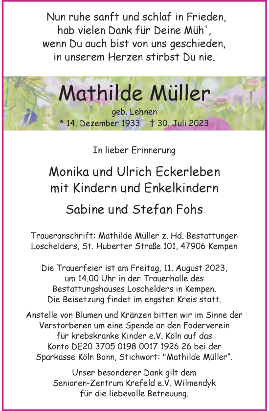 Traueranzeige von Mathilde Müller von Rheinische Post
