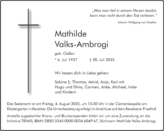 Traueranzeige von Mathilde Valks-Ambrogi von Rheinische Post