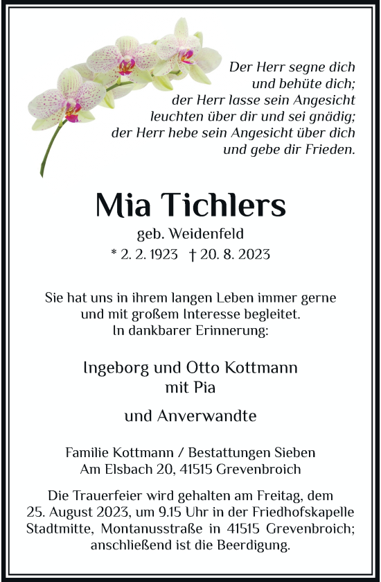 Traueranzeige von Mia Tichlers von Rheinische Post