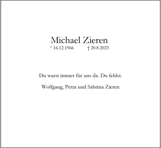 Traueranzeige von Michael Zieren von Rheinische Post