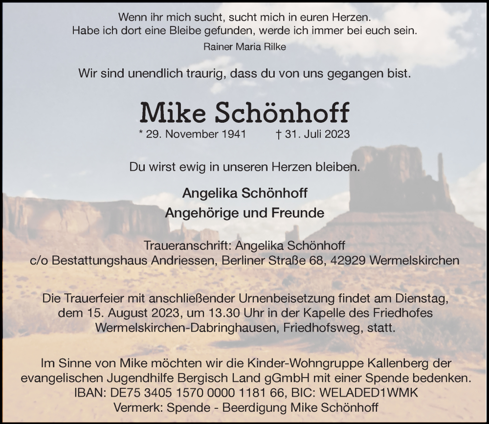  Traueranzeige für Mike Schönhoff vom 12.08.2023 aus Rheinische Post