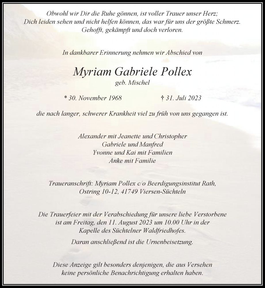  Traueranzeige für Myriam Gabriele Pollex vom 05.08.2023 aus Rheinische Post